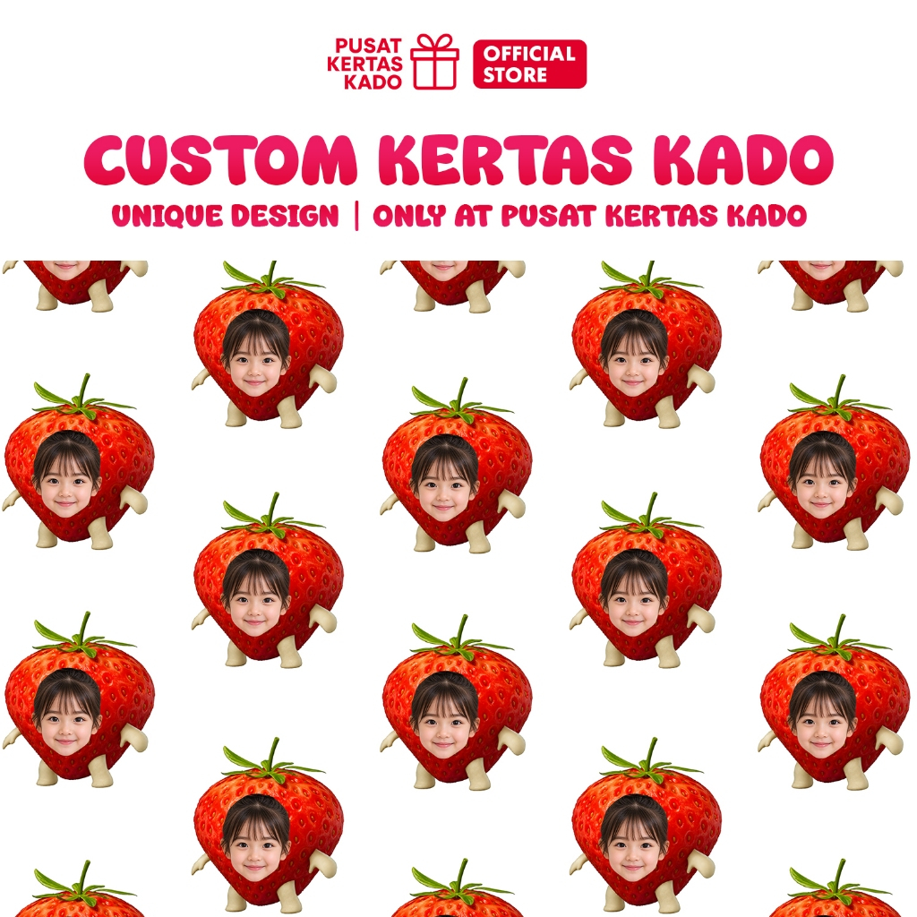 Kertas Kado Custom Wajah Ulang Tahun Unik - Strawberry Clip