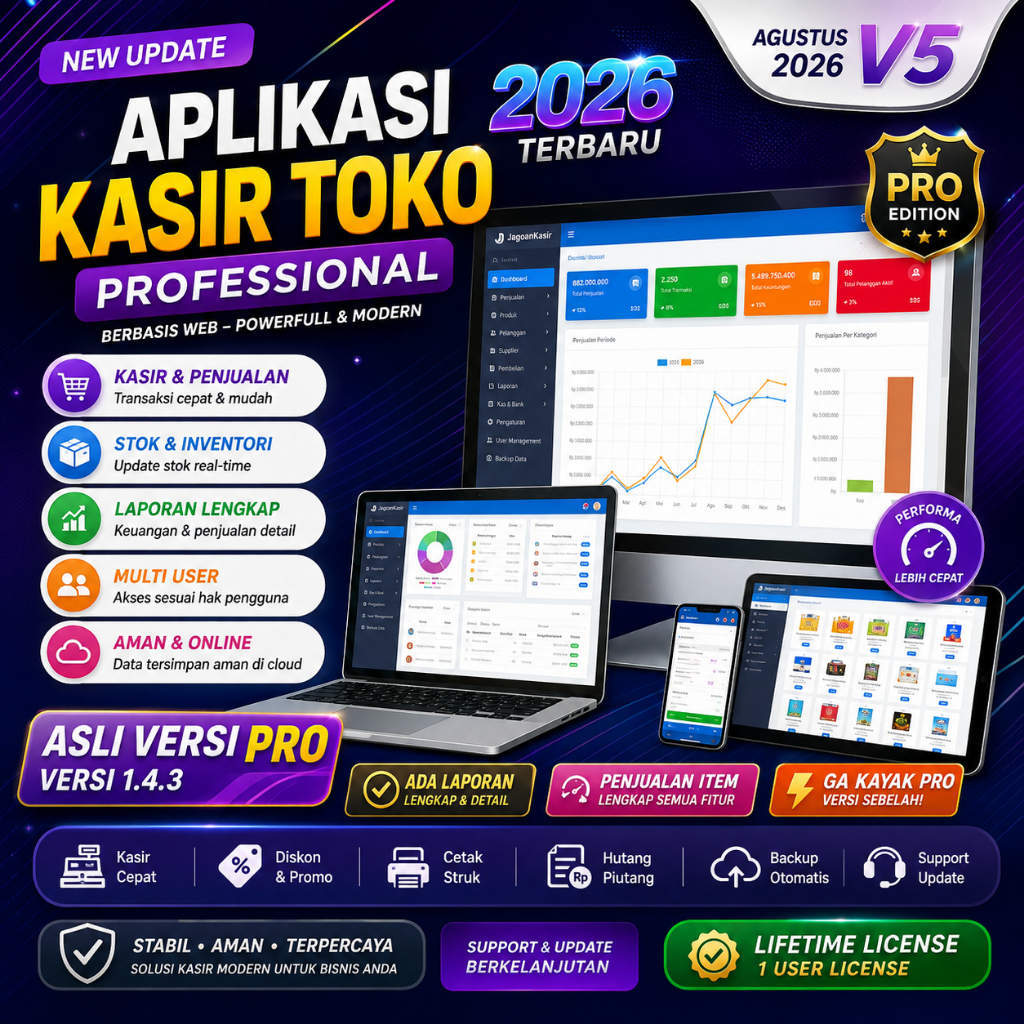 APLIKASI KASIR TOKO 2026 PRO V5 | Software Kasir Berbasis Web POS Penjualan Stok & Laporan Lengkap