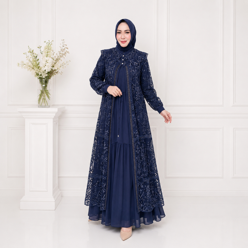 Selena Gamis Navy Kondangan Mewah Elegan Gamis Remaja Dewasa Terbaru Gamis Abaya 2026 Ceruty Babydol