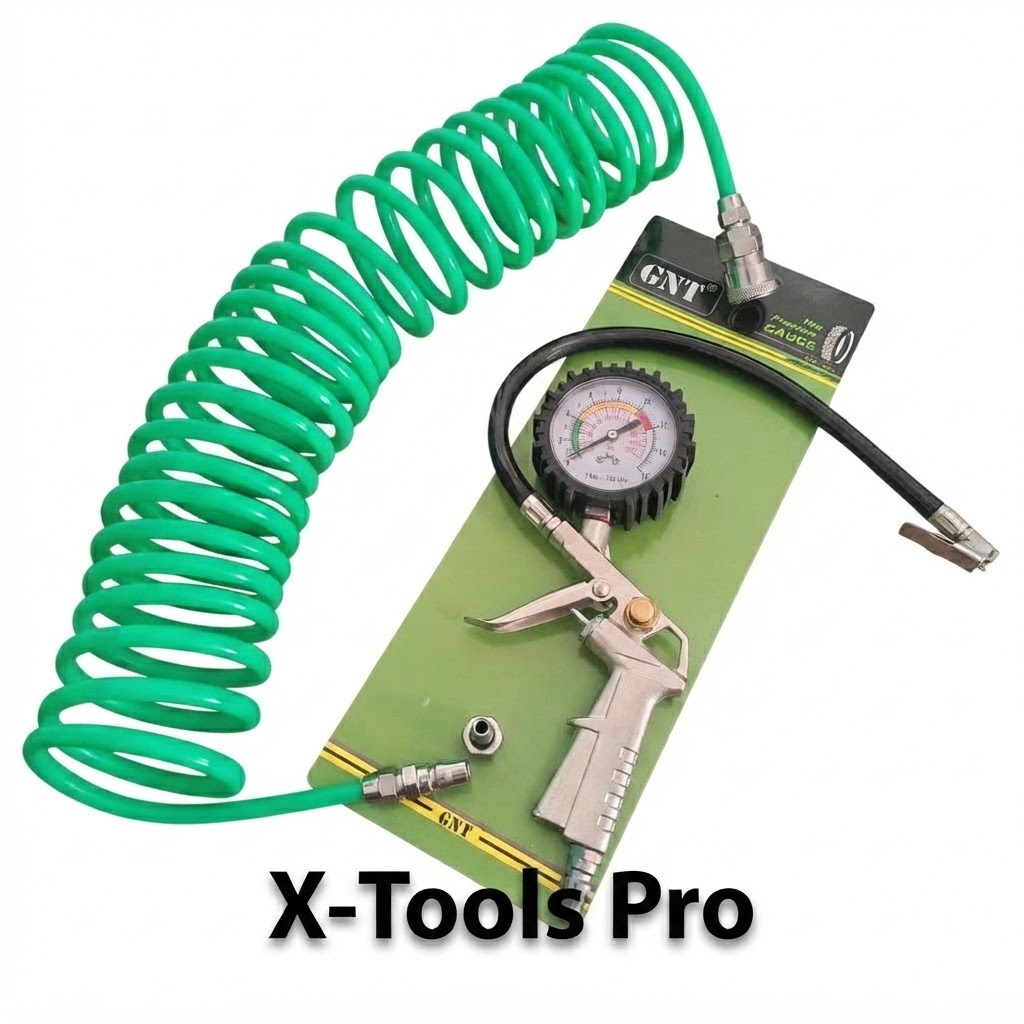 Paket Peralatan Kompresor Tekiro Selang Spiral 6 Meter +  + Inflator Gun 3 In 1 - Tire Pressure Gaug