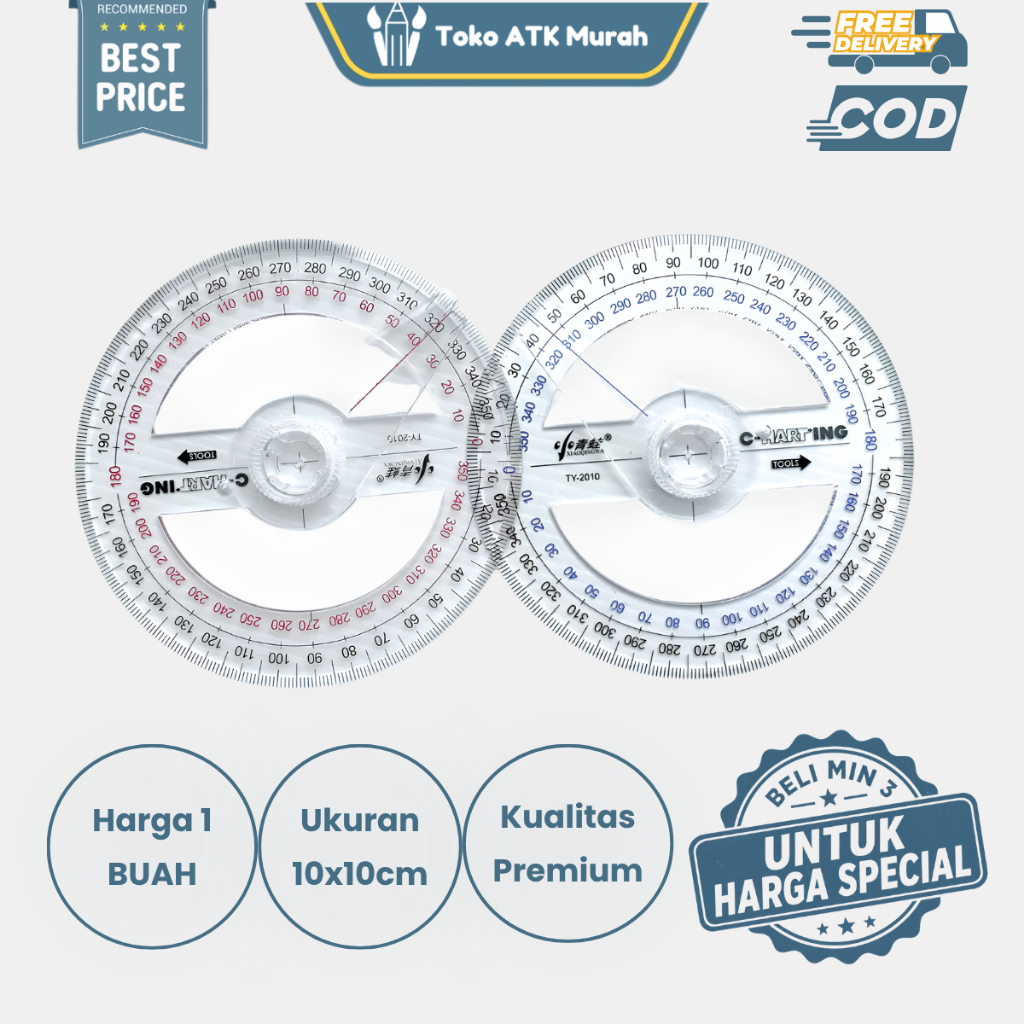 Penggaris Busur Derajat 360° Bulat Plastik Panah | 360 Degree Circular Protractor Plastic ( Mirip Zi