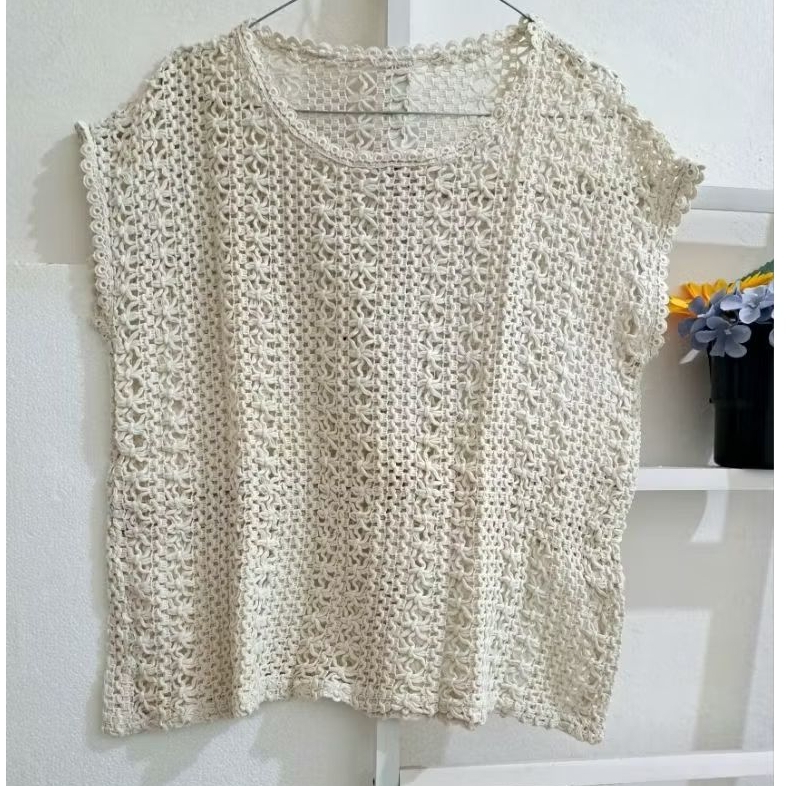 PRELOVED Vintage Knit Top / Outer Rajut Transparan Cream Bohemian Style