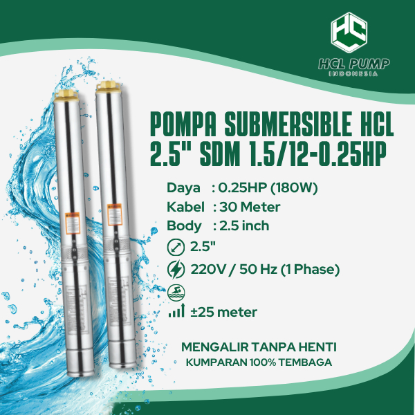 Submersible PUMP HCL 2.5'' 0.25 HP + Control Box + Kabel 30 Meter / Pompa HCL Kabel 30 Meter / Pompa