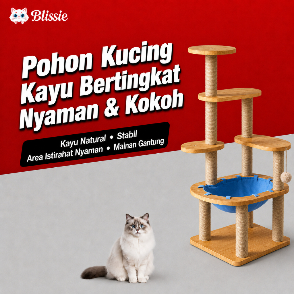 Pohon Kucing Kayu Bertingkat 120cm Tempat Tidur Gantung Hammock Tiang Garukan Sisal Alami Mainan Kuc