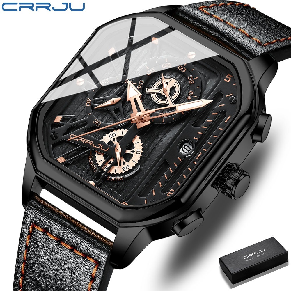 CRRJU Jam Tangan Pria Analog Tali Kulit Chronograph Aktif Bercahaya Jam Tangan Cowok 2302