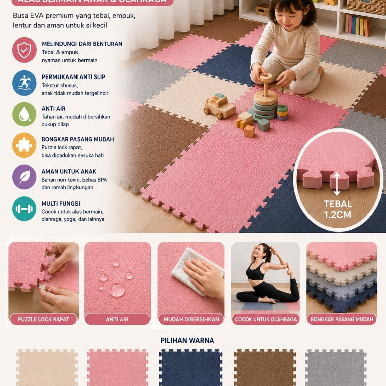 Matras Evamat Tebal 12mm 30x30cm Tekstur Kayu Matras Puzzle Karpet Puzzle Alas Lantai Playground Eva
