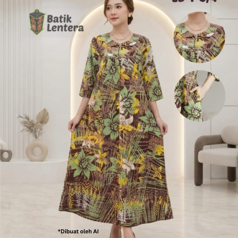 Longdress Daster Panjang Semata Kaki Batik Lentera Tangan 3/4 Busui Kancing Depan Rayon Premium Ceta