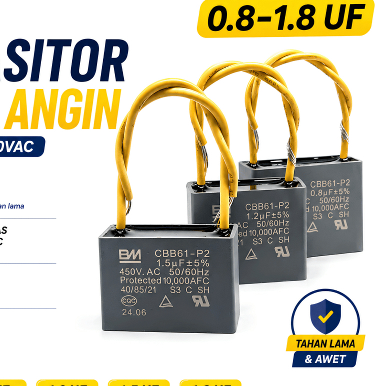 Kapasitor CBB61 450V 0.8 uF 1 uF 1.2 uF 1.5 uF 1.8 uF Kabel Anti Meledak P2 Sparepart Kipas Angin Pl
