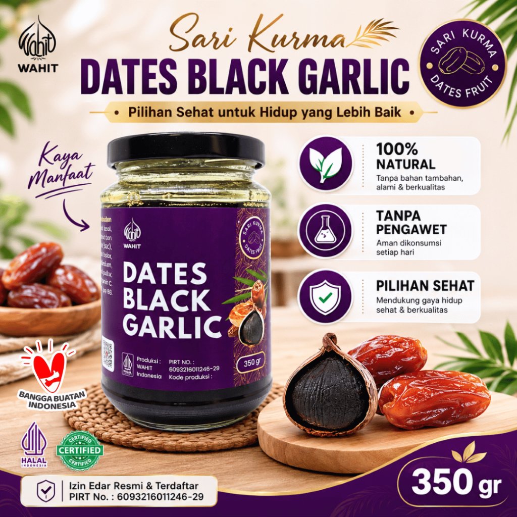 Dates Black Garlic Sari Kurma Bawang Hitam Tunggal Solo Lanang Premium Alami WAHIT 350 gr