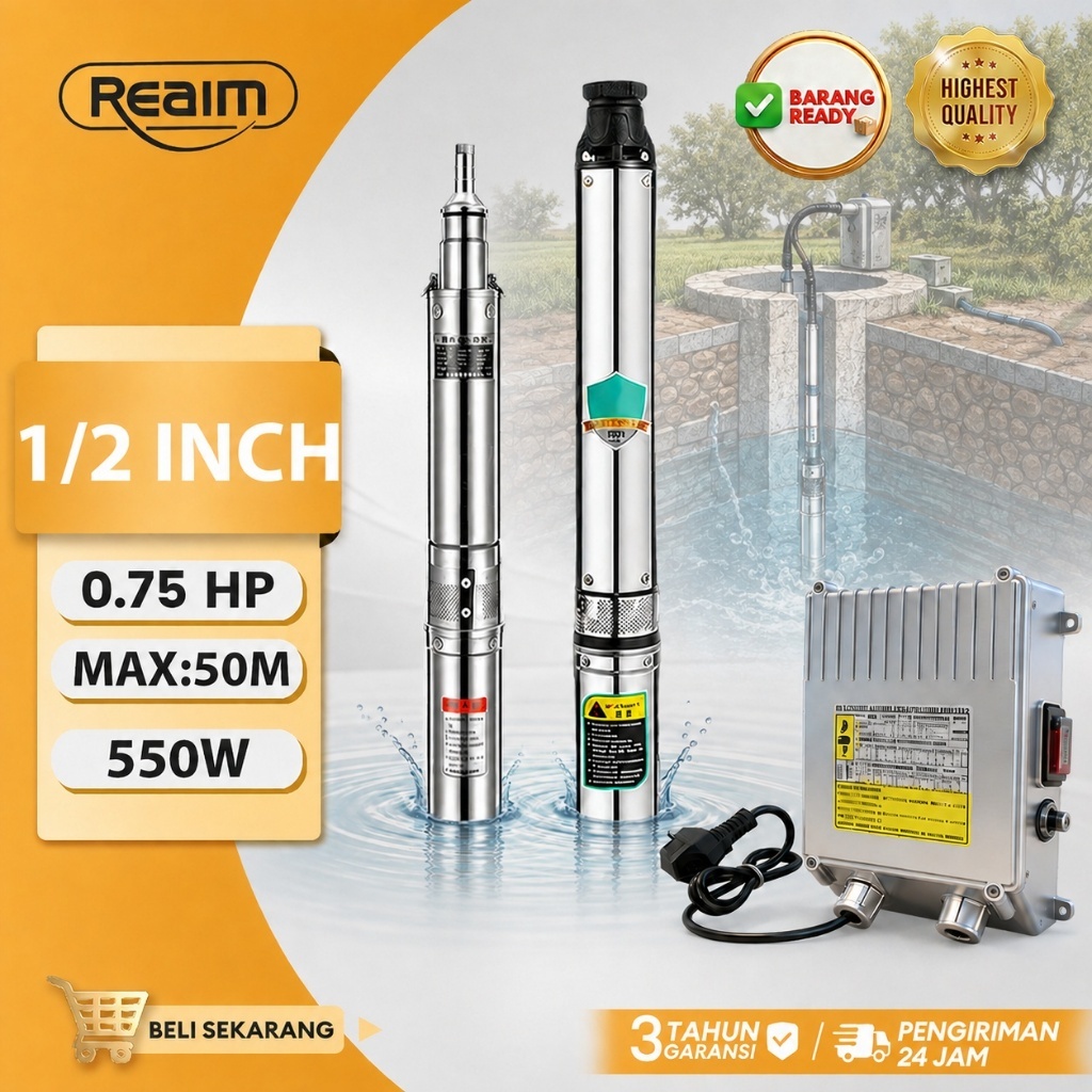Reaim Pompa Satelit Pompa Air Sumur Dalam 0.75HP 550W Submersible Pompa Kabel 30m Tahan Lama Untuk R