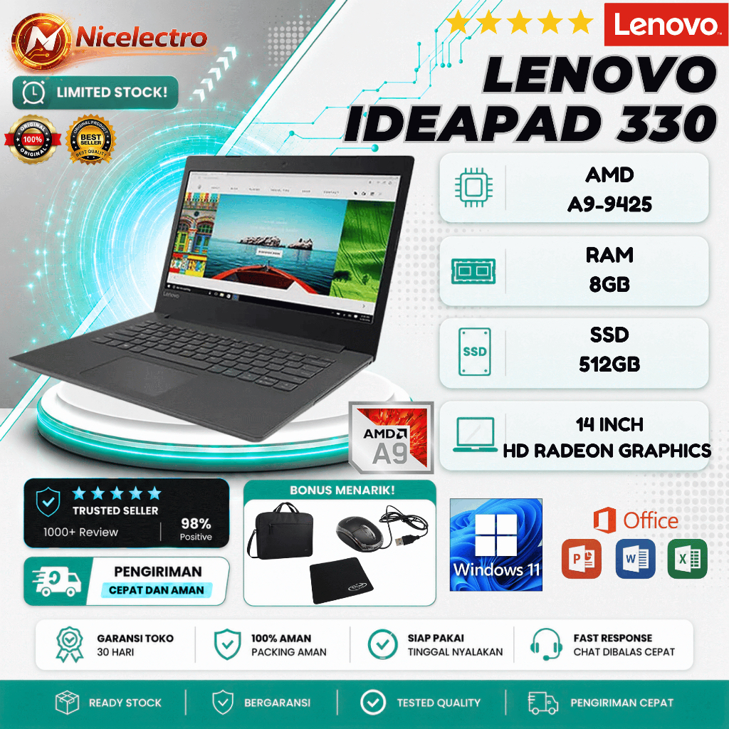 LAPTOP LENOVO IDEAPAD IP 330 / AMD A9-9425 / RAM 8GB / SSD 512GB / DVD / 14 INCH / FREE BONUS