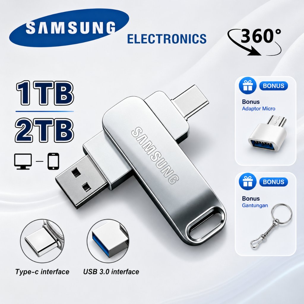 Samsung Flashdisk OTG Type C & USB 3.0 1TB 2TB Flash Drive 360 Putar Metal + Free Adaptor Micro & Ga