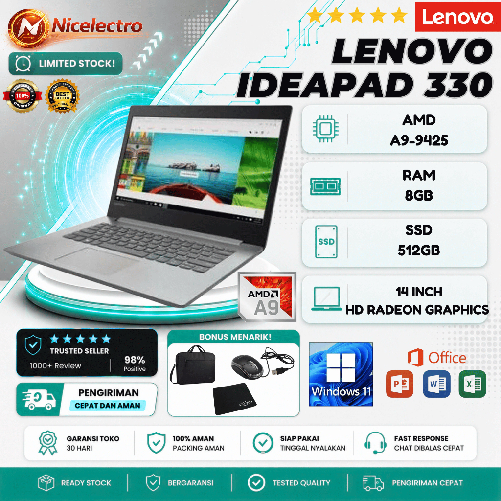 LAPTOP LENOVO IDEAPAD IP 330 | AMD A9-9425 | RAM 8GB | SSD 512GB | DVD | WINDOWS OFFICE | FREE BONUS