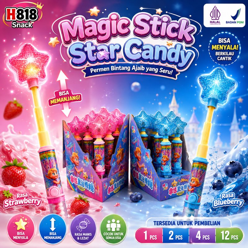 Magic Stick Star Candy– Permen Lolipop Bintang LED Lampu Menyala Rasa Buah | Permen Halal Mainan Ana