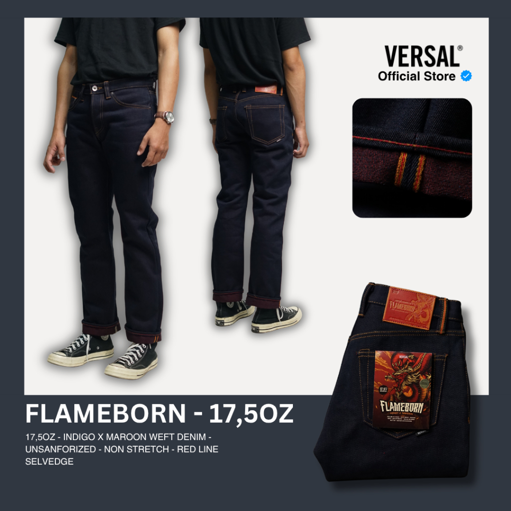Versal The Finest - FLAMEBORN 17,5oz Indigo x Maroon Weft Unsanforized Selvedge Denim (Ready Stock)