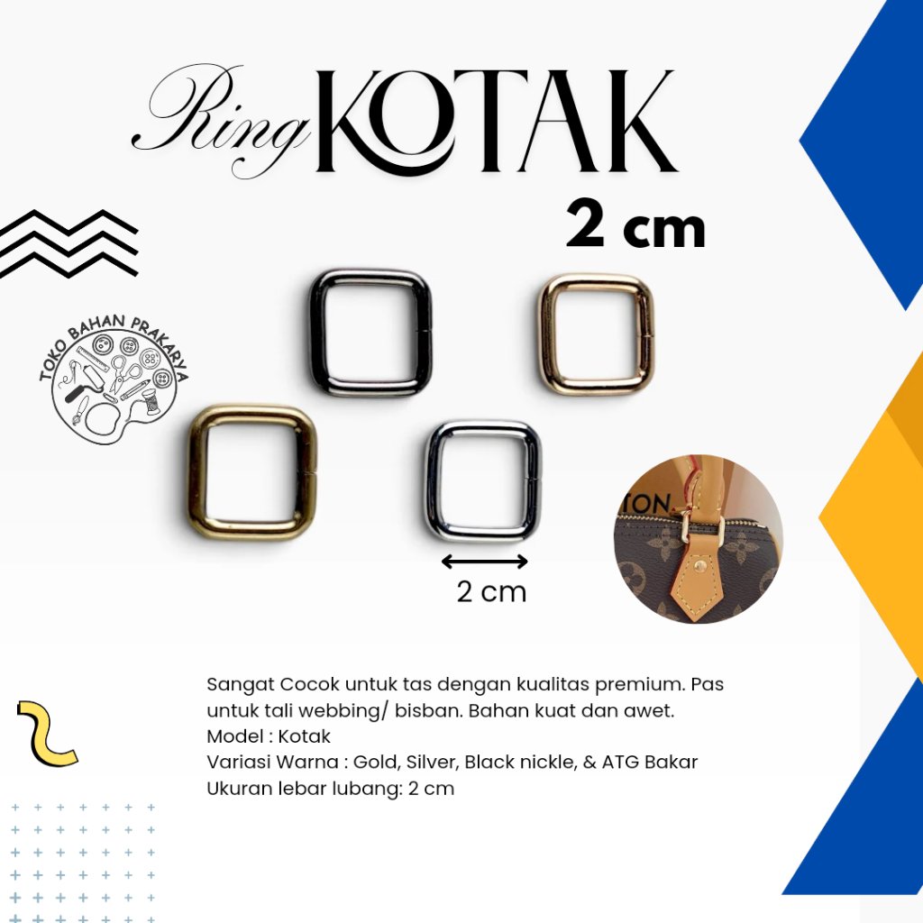 Ring Kotak 2 cm Besi Tebal/ Square Ring Tali Tas Slempang Silver Gold BN ATG Bakar/ Metal Square Buc