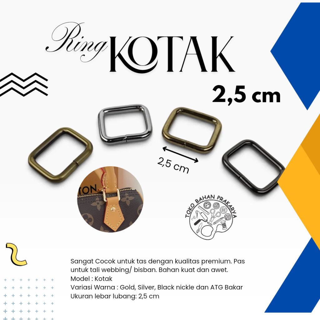Ring Kotak 2,5 cm Besi Tebal/ Square Ring Tali Tas Slempang Silver Gold BN ATG Bakar/ Metal Square B