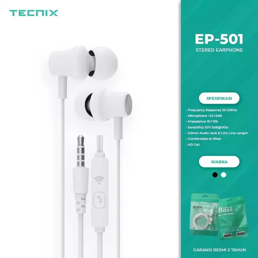 Headset TECNIX EP-501 Earphone Hi-Fi Stereo Earphone Super Bass HD Call Hendset Putih Hitam Kabel Mu