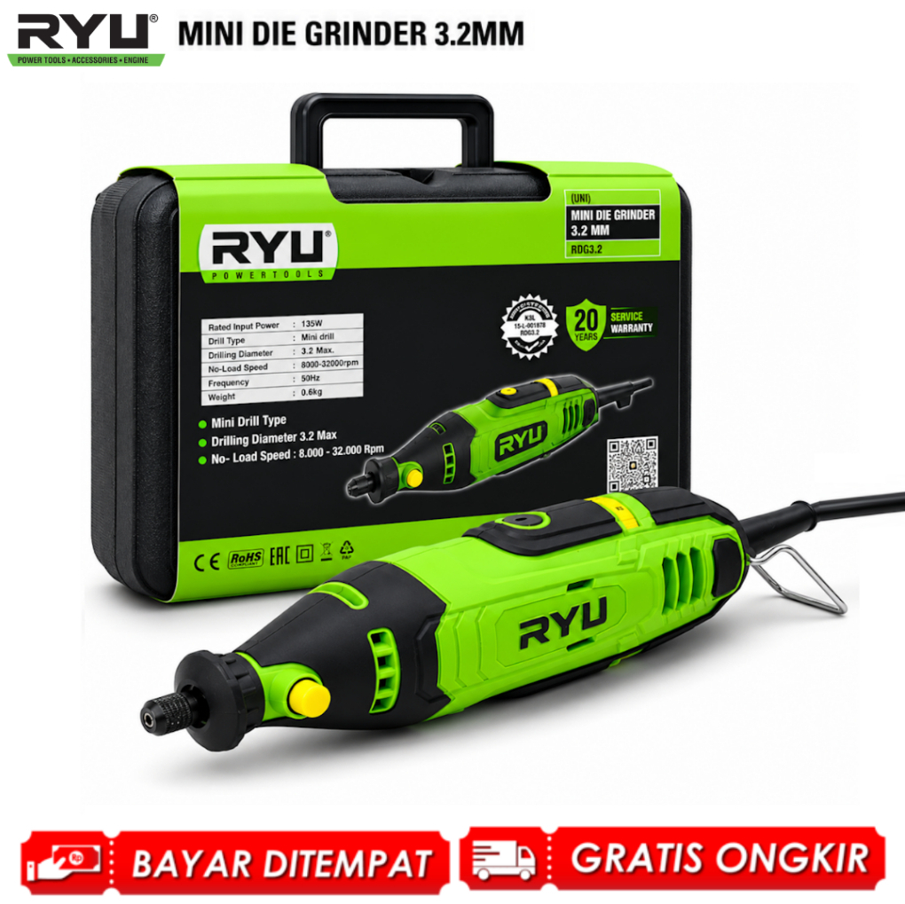RYU Bor Ukir Mini Die Grinder RDG 3.2 Mesin Grafir Porting Gerinda Tuner SET Aksesoris ORIGINAL