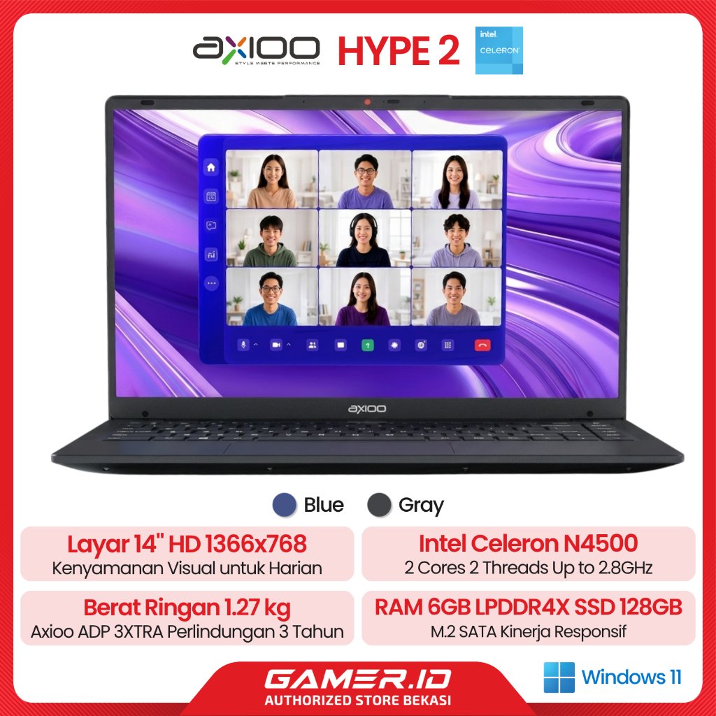 Axioo Hype 2 Intel Celeron N4500 RAM 6GB SSD 128GB 256GB 14.0 HD DOS W11 Garansi Resmi ADP 3 Tahun