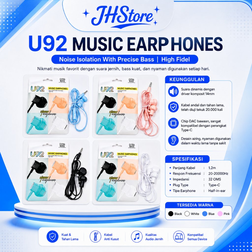 Handsfree - Headset U92 MACARON + Mic EXTRA BASS STEREO HF