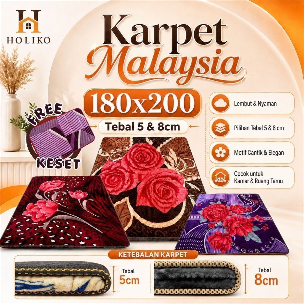 HOLIKO Karpet Busa Malaysia 180x200 Tebal 5 / 8 cm Poliester Anti Slip Motif Bunga Klasik Lembut unt