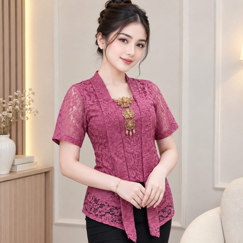 Atasan Kebaya Brokat Modern Kebaya Kutu baru Brokat Lengan Pendek Baju Kondangan Wanita Dewasa