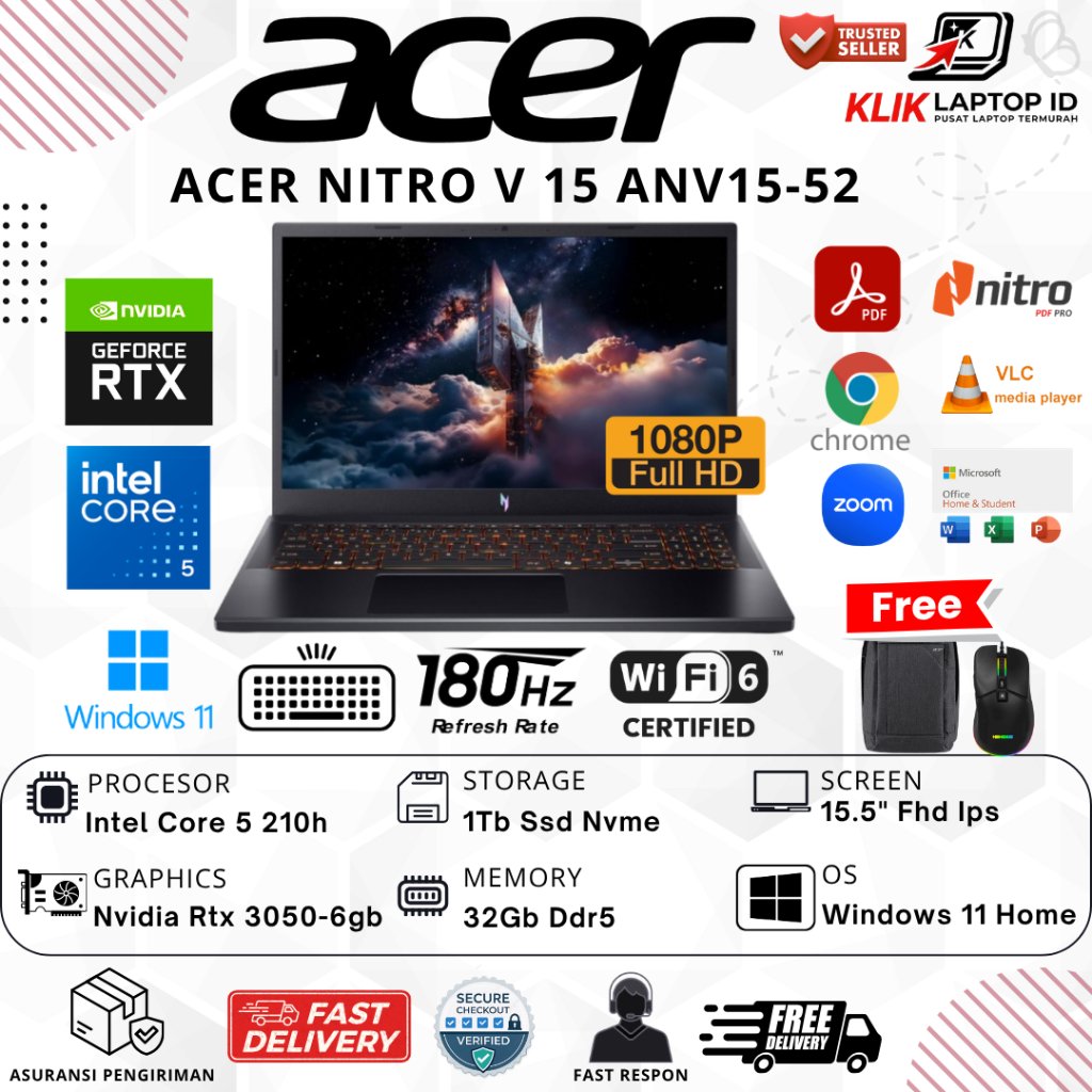 Acer Nitro V 15 ANV15-52 Intel 5 210H 32GB DDR5 1TB SSD RTX3050 FHD IPS 180Hz Rtx Win11Home+Ohs