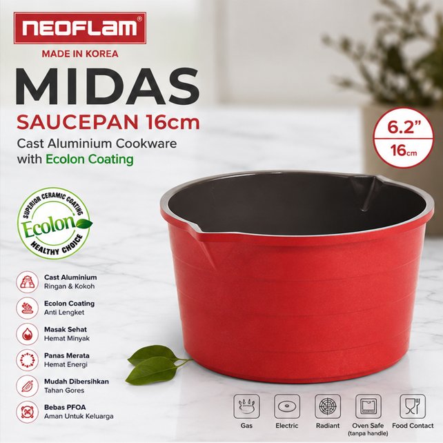 NEOFLAM MIDAS Saucepan 16cm Ecolon Coating Panci Aluminium Cor Anti Lengket Made in Korea Original