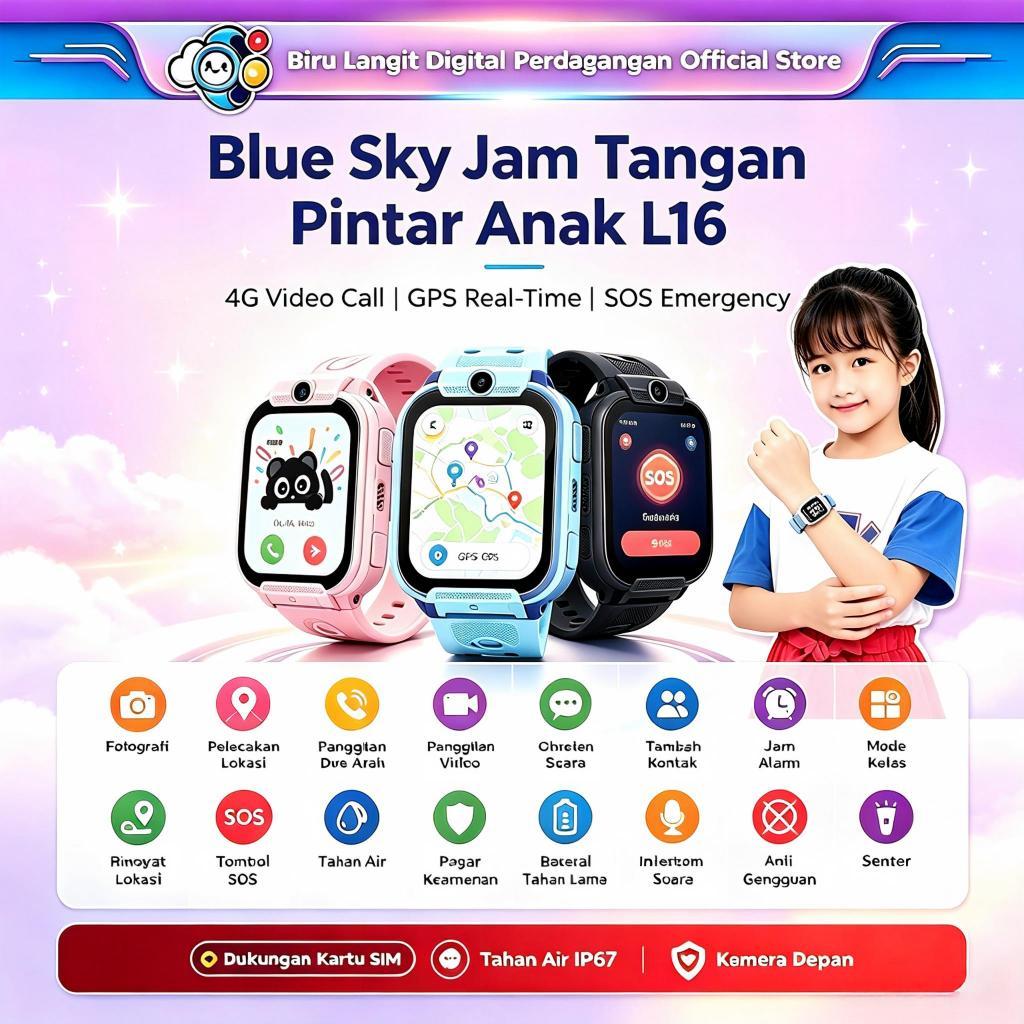 BLUE SKY L16 Smartwatch Anak 4G LTE, Panggilan Video Dua Arah, GPS Pelacakan Real Time, Tombol SOS D