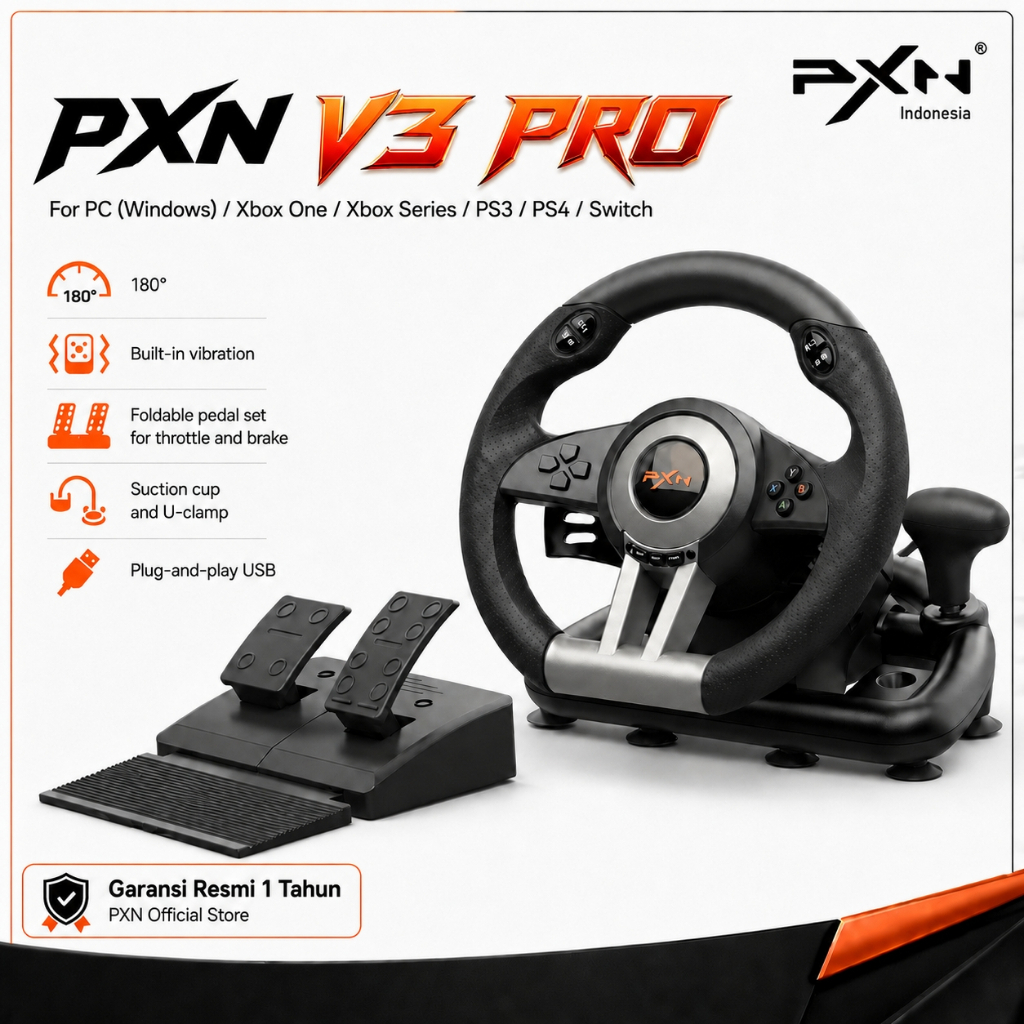 PXN V3 PRO Steering Wheel Racing Game PC PS3 PS4 Xbox Switch - Setir Simulator Balap PC & Konsol Gar