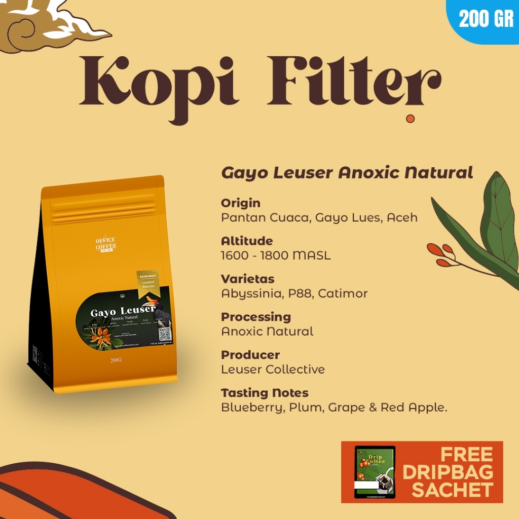 Gayo Leuser Anoxic Natural 200gr - Filter Roast - Biji Kopi - Roasted Coffee Beans - Kopi Manual