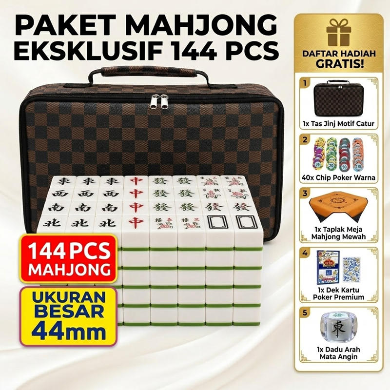 Mahjong 144 Pcs Besar 44mm Premium + Tas Jinjing + 40 Chip Poker + Taplak Meja + Kartu Poker + Dadu