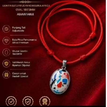 Kalung Liontin Batu Prus Pancawarna Africa Oval 18x13mm Adjustable Tali Merah