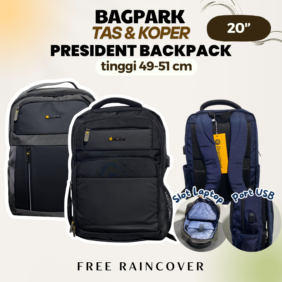 Tas Ransel Pria President Backpack Laptop Port USB Ransel Traveling Poliester Tebal Waterproof Rain 