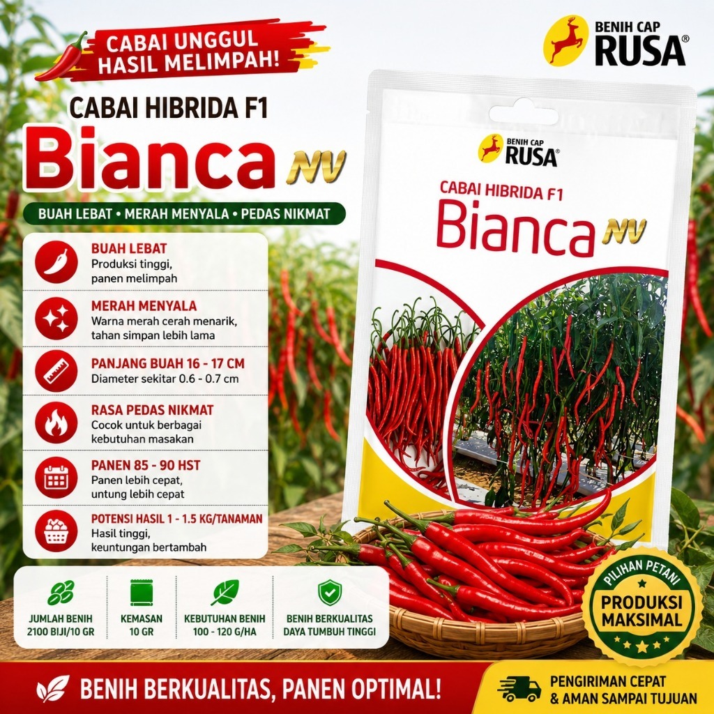 Benih Cabai Keriting Bianca F1 kemasan 10 Gram Original Cap Rusa Tiper OR Twist 42 Cocok untuk Datar