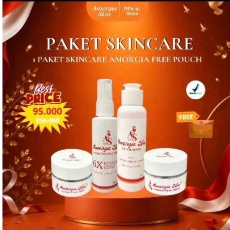 AMORGIA SKIN - 1 Paket lengkap Skincare All Skin (Face Wash + Toner + Day + Night Cream) Free Pouch