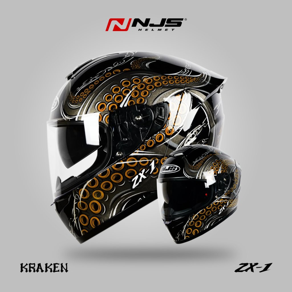 NJS ZX-1 KRAKEN Hitam - Gold Gloss/Doff - Helm Full Face | ZX Motif | Kraken| NJS Motif | NJS fullfa