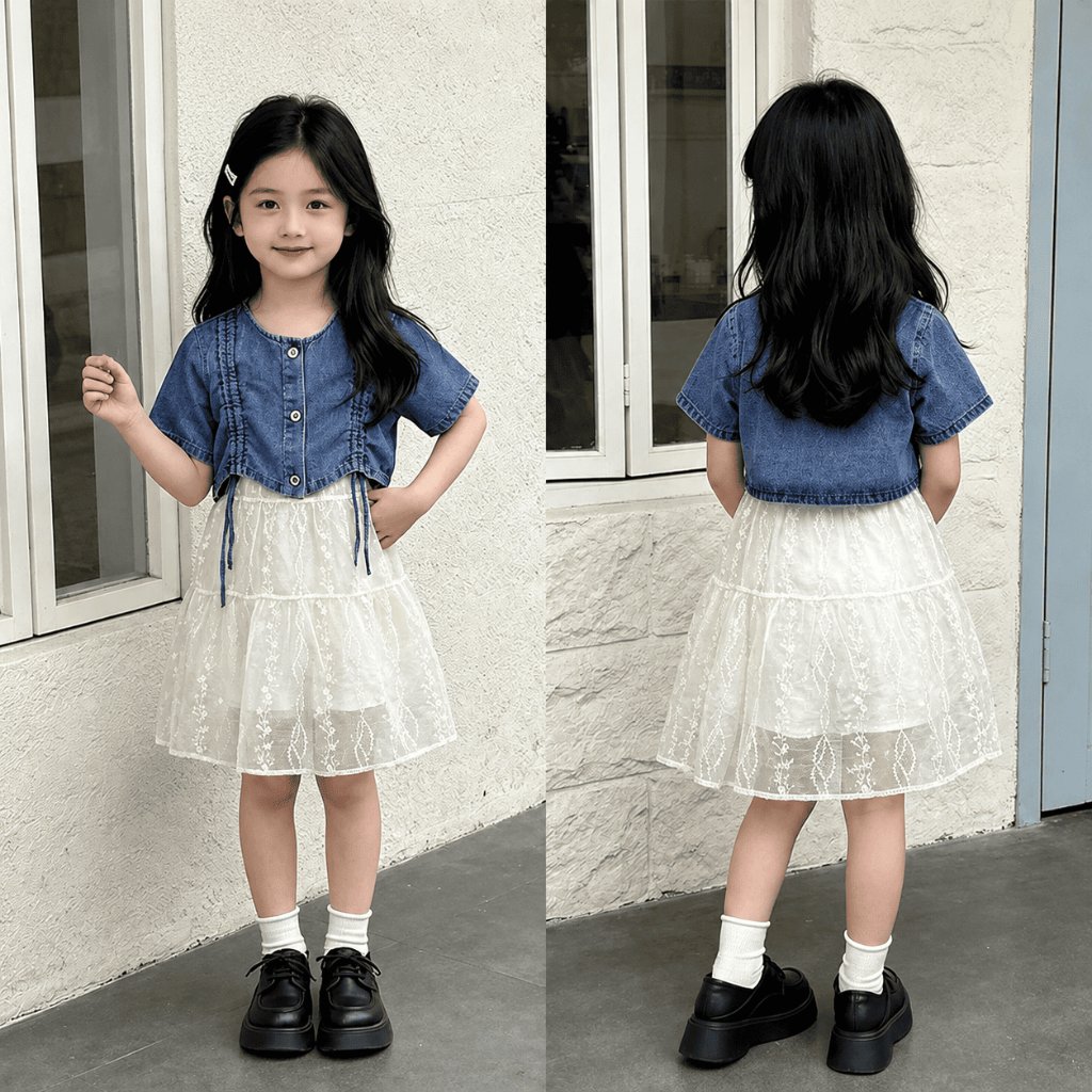 Outfit Anak Perempuan Dress Outer Denim Dengan Inner Brokat Putih Cantik Casual Korea Style Baju Ana