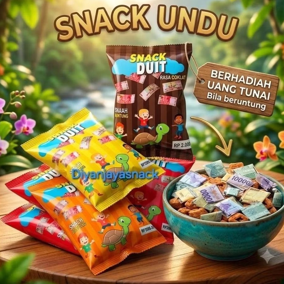 1 renteng snack  berhadiah uang (jika beruntung) UNDU , rasa dikirim ACAK, sesuai stok yang ada