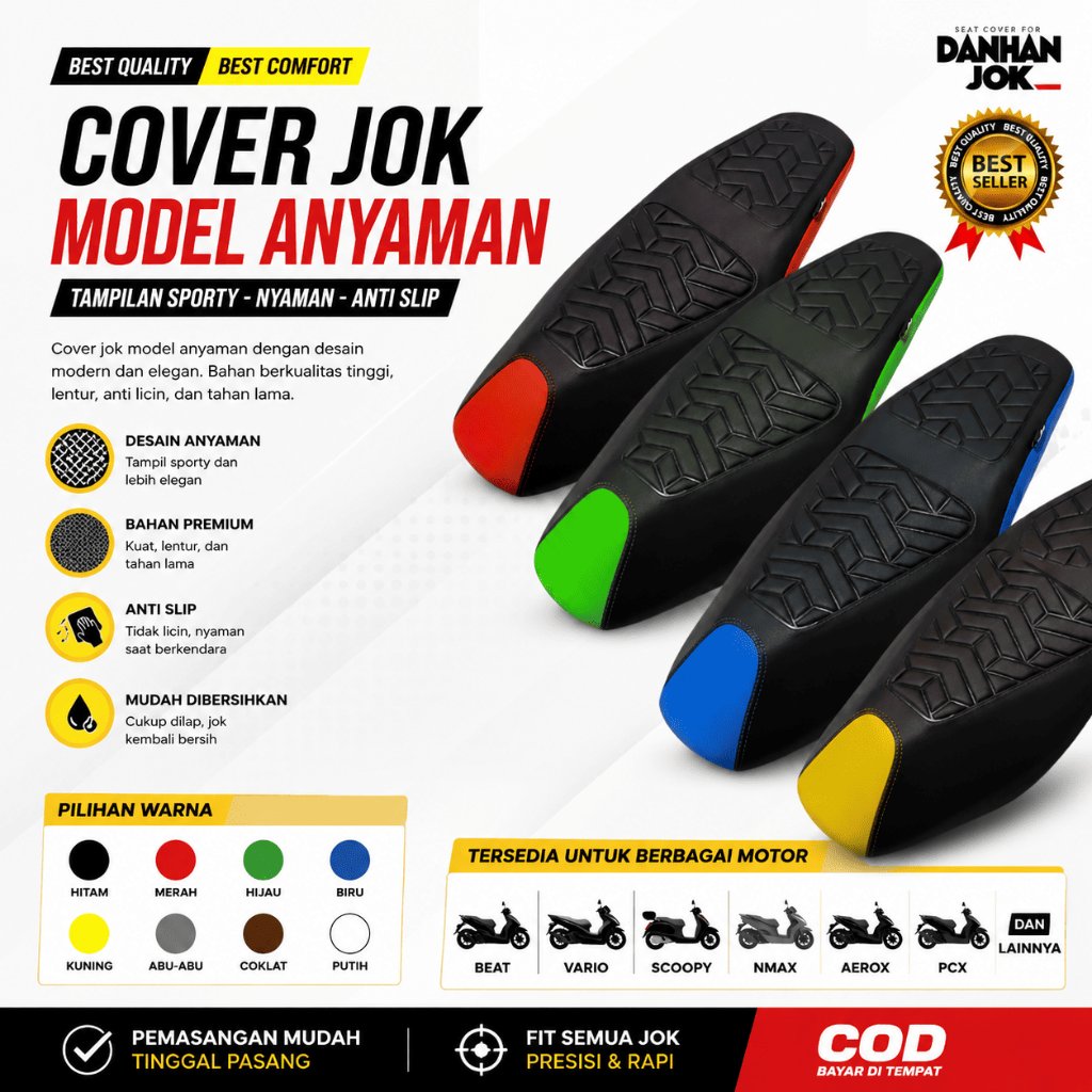 Cover Jok Motor Model Anyam Premium Anti Licin Pemasangan Instan Velcro Beat Vario Scoopy NMAX Aerox
