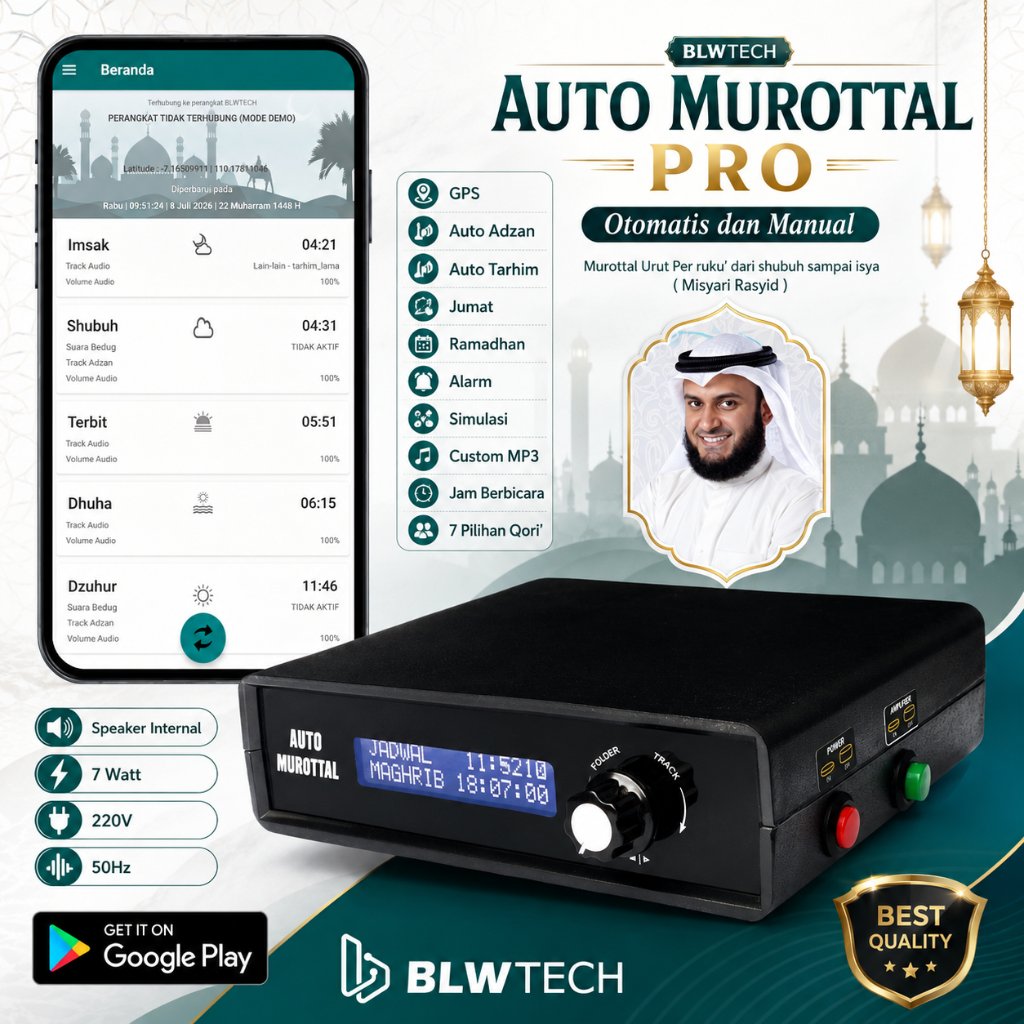 Auto Murottal Tartil Tarhim Pro MASJID Otomatis dan Manual menjelang waktu sholat setting HP Android