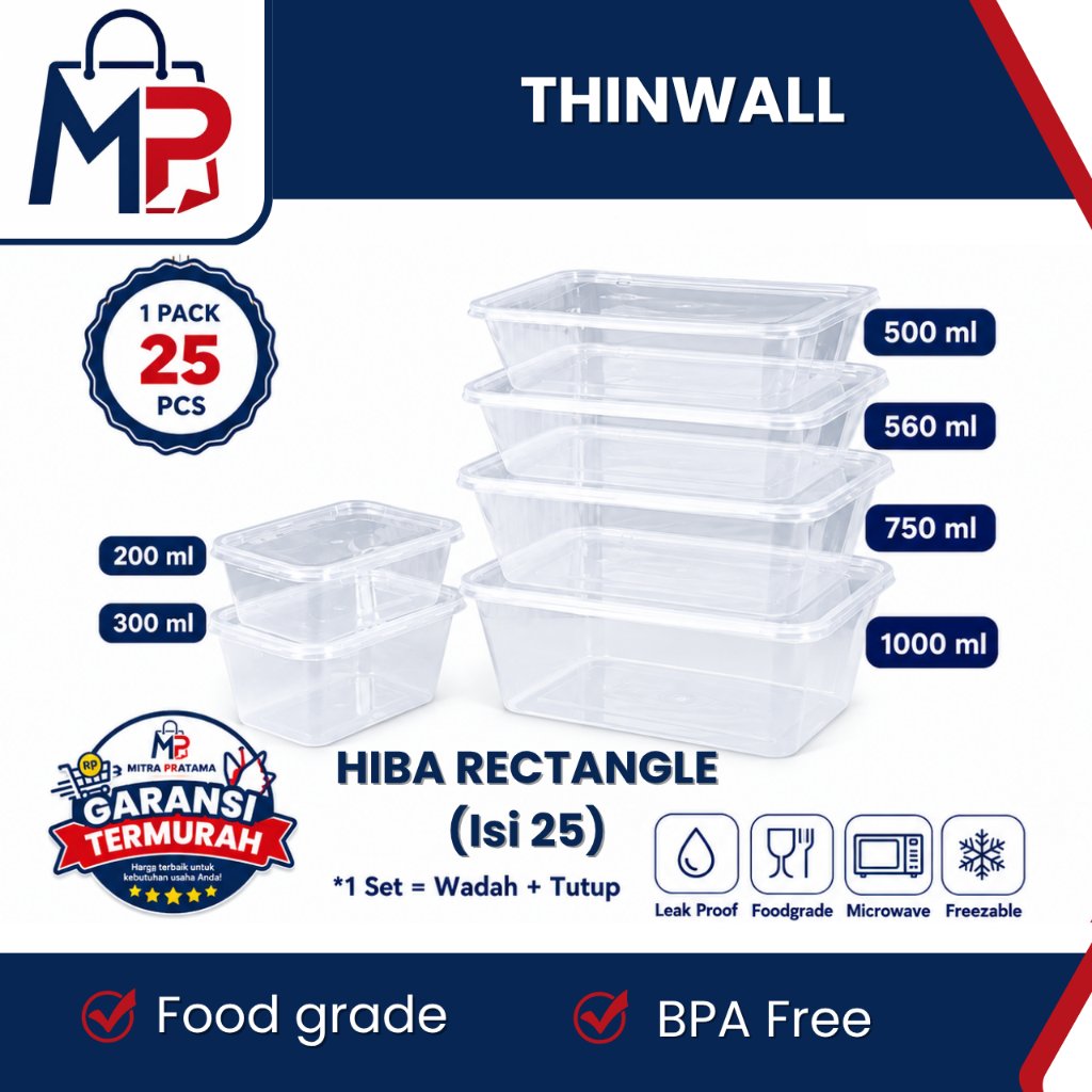 HIBA Rectangle Thinwall isi 25 pcs 200ml, 300ml, 500ml, 650ml, 750ml, 1000ml