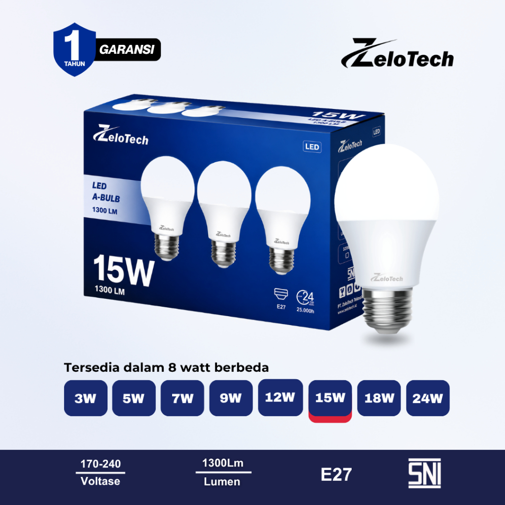 Zelotech Lampu Bohlam LED A Bulb 15W 1300LM E27 6500K Cahaya Putih