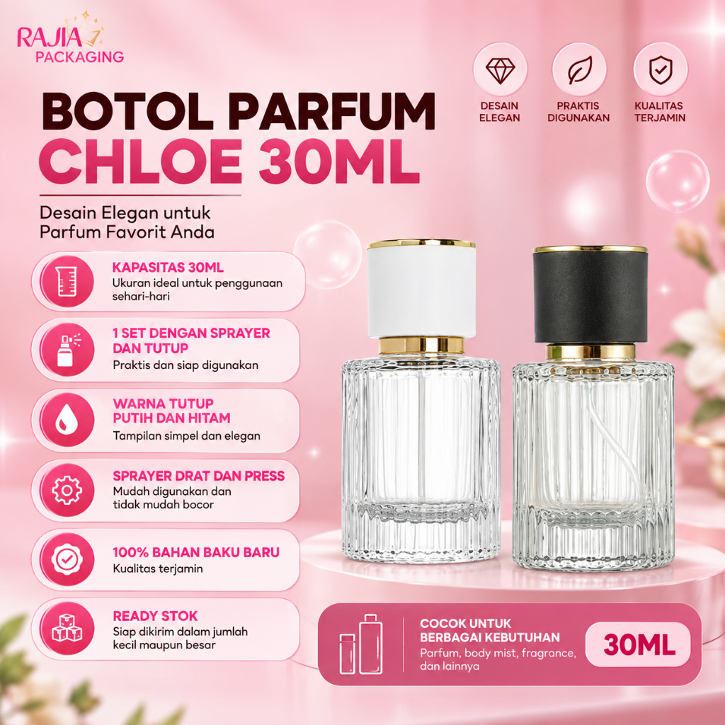 BOTOL PARFUM CHLOE PRESS 30ML/BOTOL PARFUM KOSONG 30ML TUTUP HITAM DAN PUTIH