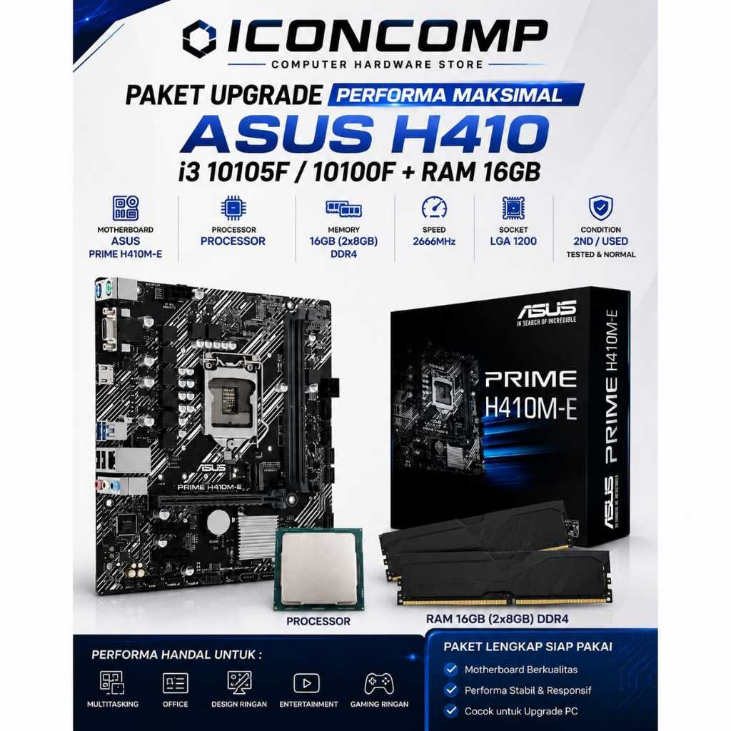 PAKET MOBO ASUS H410 + i3 10105F/10100F + RAM 16GB