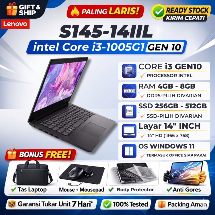 LENOVO S145 intel i3-1005G1 8GB 512GB SSD Win11+Office 14inch intel UHD
