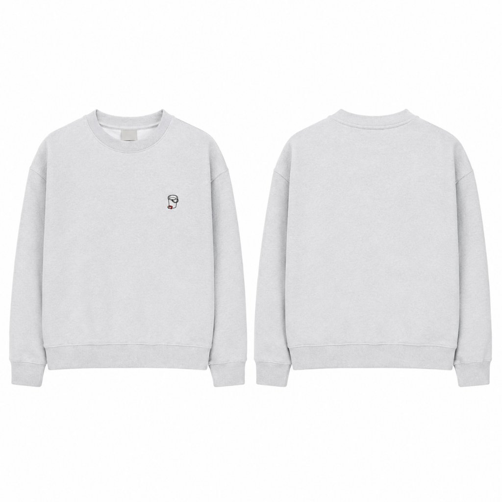 Zyan.Co - Koshort x Polham Crewneck Unisex Lengan Panjang Warna Putih Motif Bordir Kecil Model Basic
