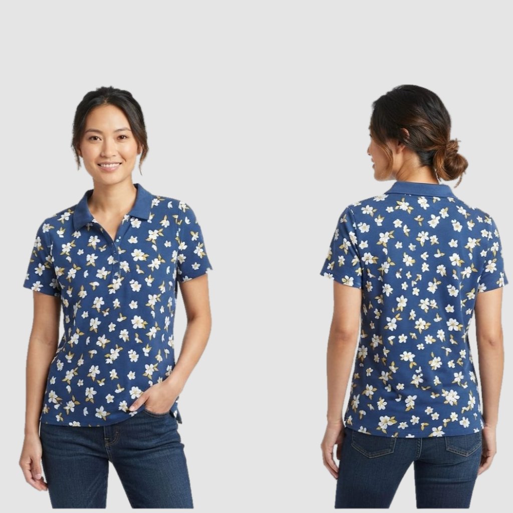 Kaos Polo Wanita Croft & Barrow Motif Bunga Navy