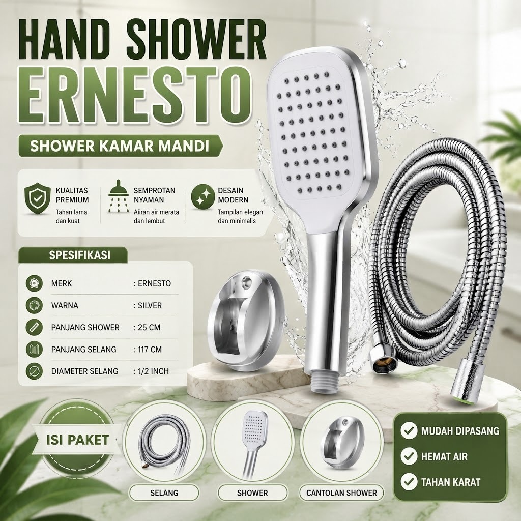 HAND SHOWER ERNESTO - SHOWER KAMAR MANDI - sower set dengan selang dudukan dan skrup / baut